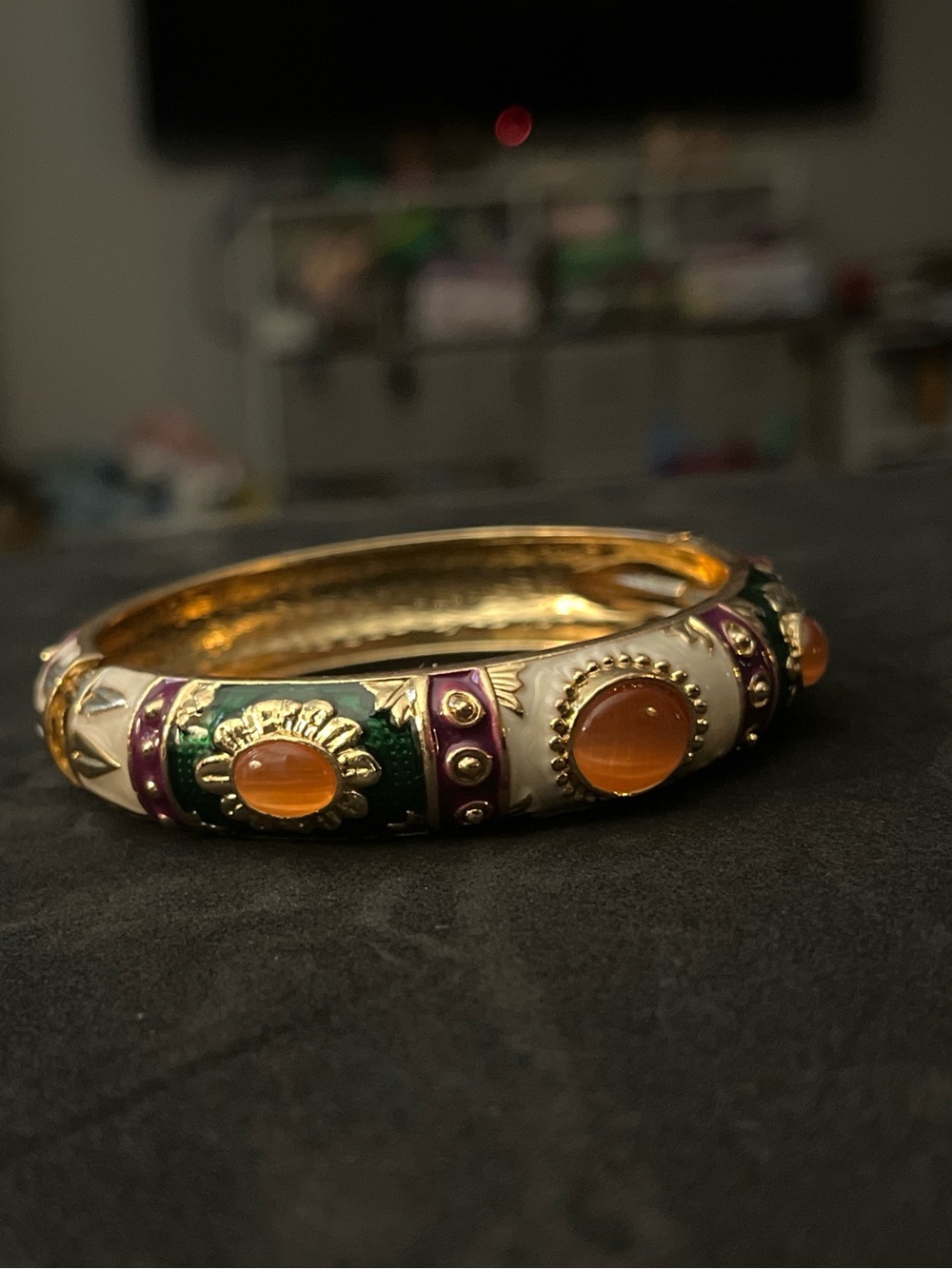 Gold-Tone Multi-Color Enamel Bangle with Amber Cabochons